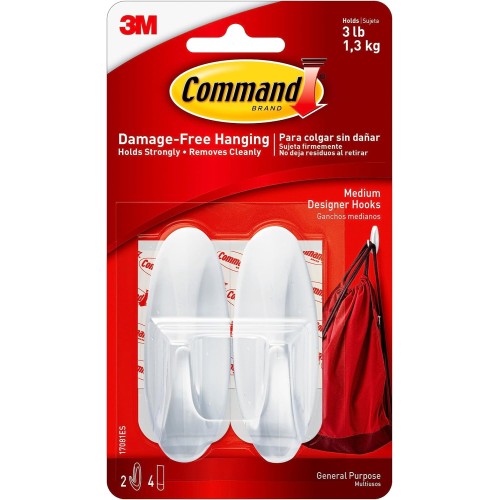 2x Command Medium Hooks with 4x Command Strips (17081)-white