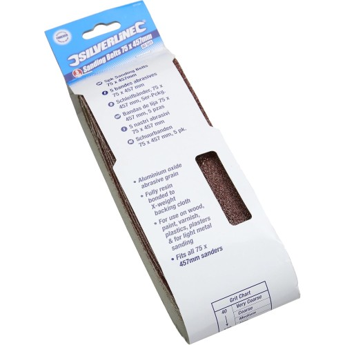 Silverline 171121 Sanding Belts 75 x 457 mm - 40 Grit, Pack of 5
