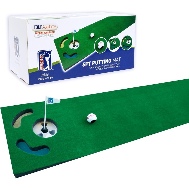 PGA Tour Unisex Ball, Ausrichtungswerkzeug und Trainingsdvd 1,8 m Puttingmatte mit Führungsball, Grün, UK