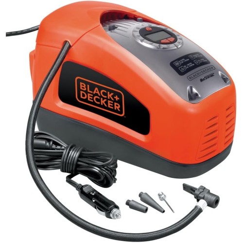 Black+Decker Compressor ASI300 11 Bar/160 PSI Air Pump Digital Pressure Adjustment Cable Compartments Illuminated Scale Includes 3 Valve Attachments Adjustment Ring for Bar Number Automatic Switch-Off