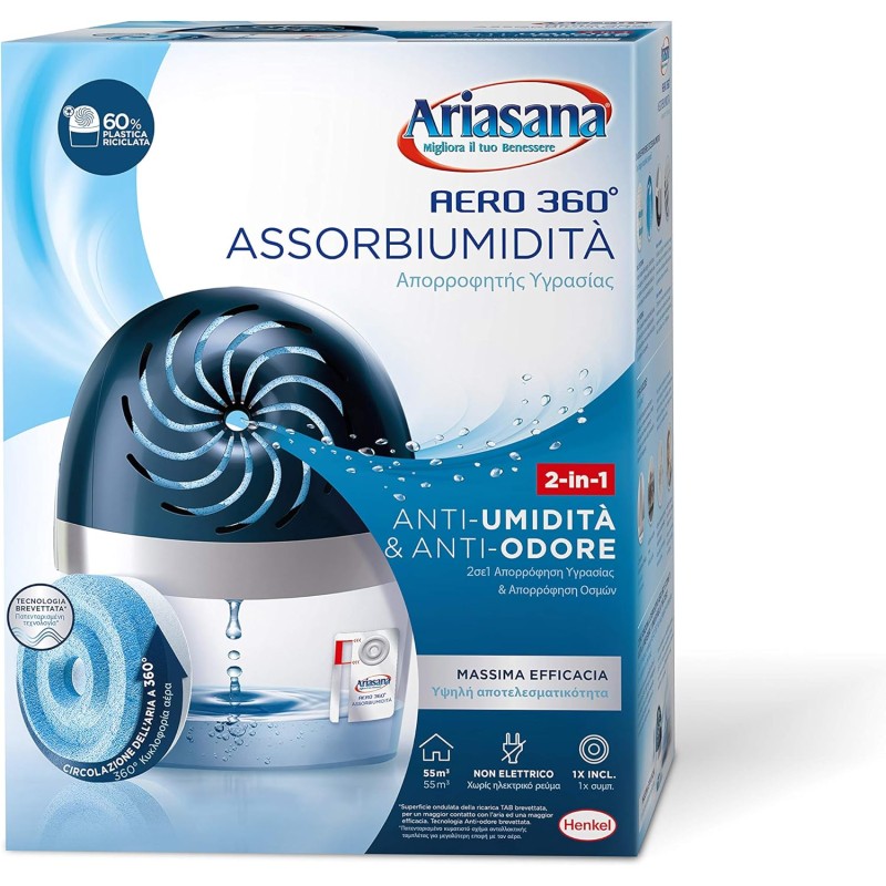 Ariasana Aero 360° Moisture Absorber Kit in Recycled Plastic, Non-Electric and Recyclable Dehumidifier, Absorbs Moisture Against Condensation and Mildew, 1 Device and 1 Refill TAB 450 g