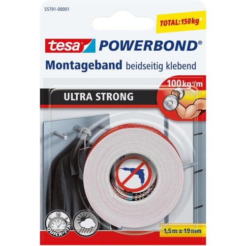 tesa Powerbond Ultra Strong Double-Sided Extra Strong Mounting Tape for Permanent Attachment Outdoor and Indoor Use 1.5 m