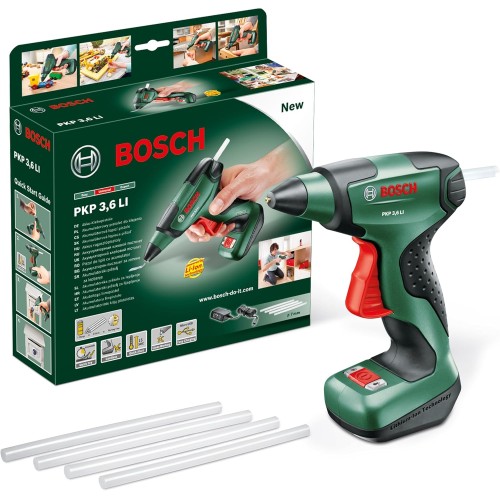 Bosch Cordless Hot Glue Gun PKP 3,6 LI (Micro USB charger, 3.6 Volt, 4 glue sticks UltraPower, in carton packaging)