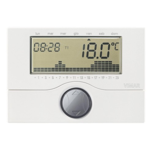 Vimar 01910 Electronic Clock Thermostat for ON/OFF Room Temperature Control (Heating and Air Conditioning), Day/Weekly Programming, Powered by AA LR6 1.5V Batteries (Not Included)