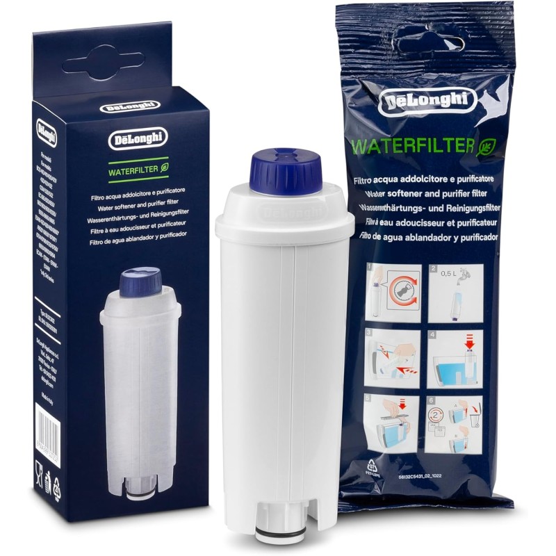 De'Longhi Original Water Filter DLSC002, Accessories for De'Longhi Fully Automatic Coffee Machines, Care and Protection, Optimises Coffee Quality and Protects Against Limescale, White, 0.5 L, 1 Pack