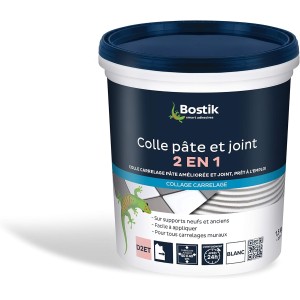 Bostik 2 in 1 Paste and Grout Glue - Upgraded Wall Tile Glue and Ready Made Tile Joint - Ideal for Kitchen and Bathroom - White - 1.5kg Bucket