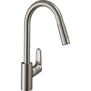 hansgrohe Focus M41 Kitchen Tap with Extendible Shower 2 Jet Types, Kitchen Tap with Spout Height 240 mm, Swivel Kitchen Mixer Tap, Stainless Steel Finish