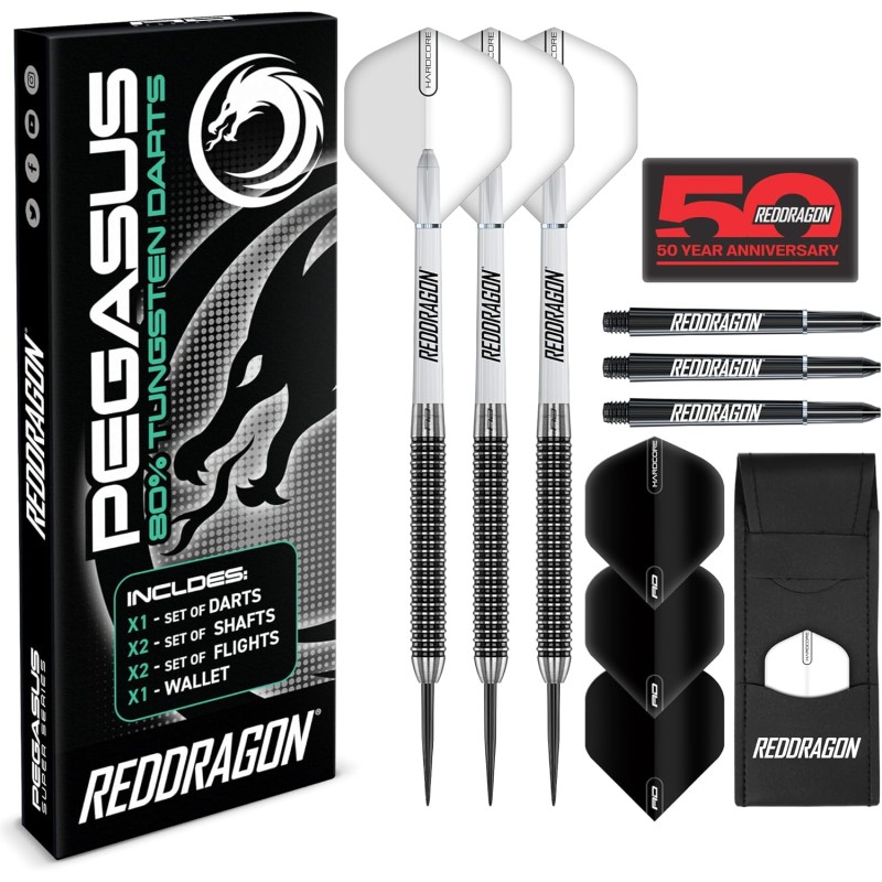 RED DRAGON Pegasus Professional Tungsten Darts Set 21, 23, 24, 25, 26, 28, 30 Grams with Flights, Shafts and Wallet