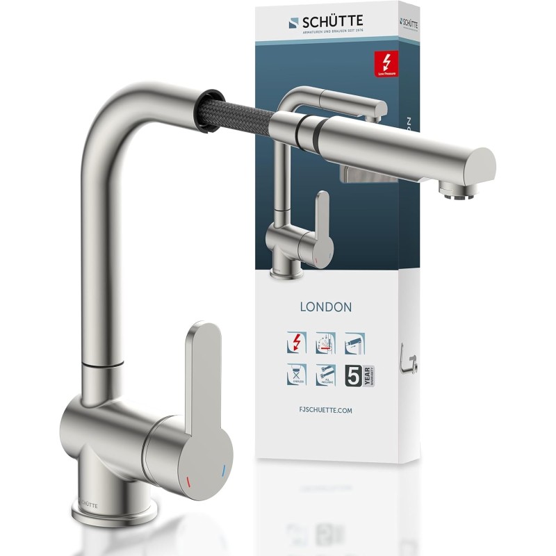 SCHÜTTE 79729 LONDON Low Pressure Kitchen Tap in Stainless Steel with Pull-Out Dish Rinser 360 Degree Swivel Tap for Kitchen Mixer Tap with Single Lever Mixer Tap Sink Mixer Tap