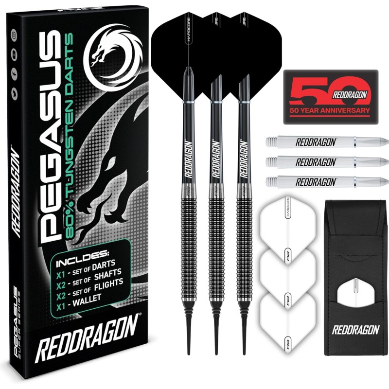 RED DRAGON Pegasus Tungsten Soft Tip Darts Set (Dart Arrows) - 18 g or 20 g - Black Stems, Black Flights
