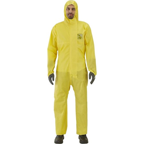 Ansell AlphaTec 2300 Model 132, Disposable Hooded Protective Suit, Chemical Protection Type 3/4/5, Waterproof Work Overall, Unisex Disposable Protective Clothing, Yellow