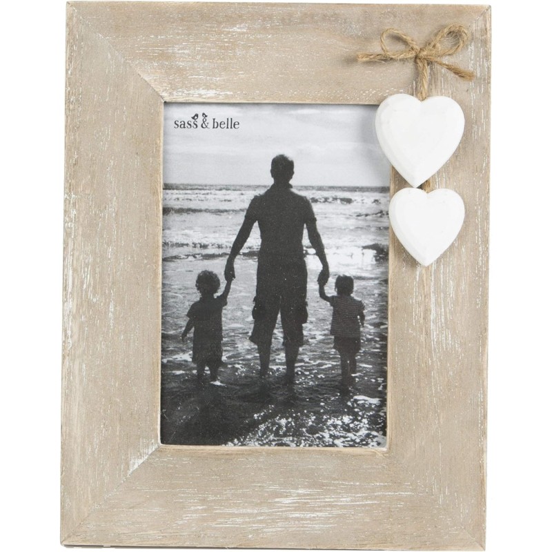 Ashley Farmhouse Standing Photo Frame - Natural Wooden Portrait Photo Frame with White Hearts - Shabby Chic