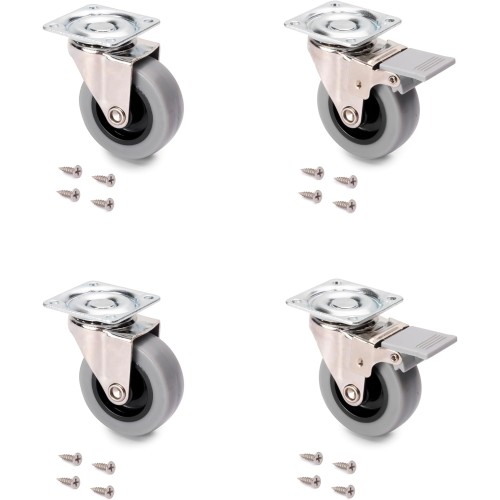 Emuca Set of 4 Swivel Castors for Furniture with Mounting Plate and Ball Bearings, grey, 2036221