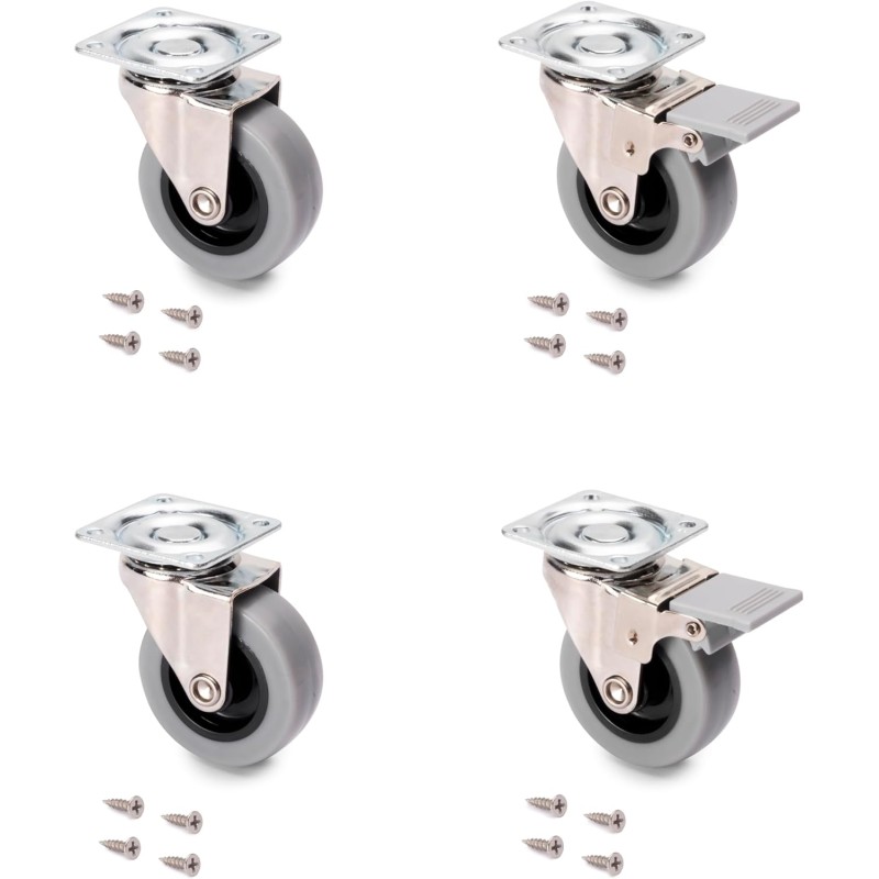 Emuca Set of 4 Swivel Castors for Furniture with Mounting Plate and Ball Bearings, grey, 2036221