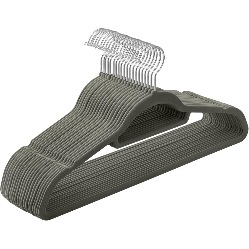 SONGMICS CRF20V Velvet Hangers, Set of 20, Non-Slip Hangers, Small Tie Bar, 360-Degree Rotating Hook, Thickness 0.6 cm, Space-Saving, Length 43.5 cm for Coats/Trousers, Silver/Grey