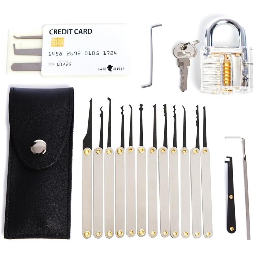 LockCowboy 20-Piece Lock Pick Set with Transparent Padlock & False Key Kit with Credit Card Format – For Beginners & Professionals