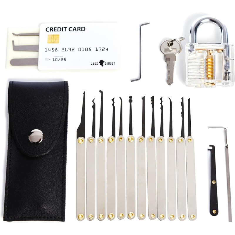 LockCowboy 20-Piece Lock Pick Set with Transparent Padlock & False Key Kit with Credit Card Format – For Beginners & Professionals