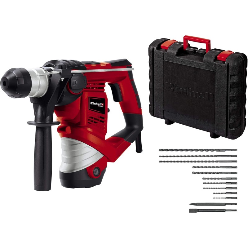 Einhell Hammer Drill TC-RH 900 Kit (900 W, 4100 min.-1 impact rate, 3 J impact strength, hammer drilling and chiselling with chisel fixing, incl. 12-Piece Drill & Chisel Set)