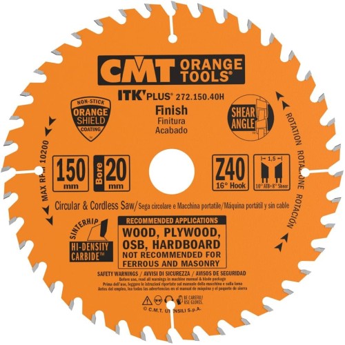 CMT – 272.150.40h – CIRCULAR SAW ITK Plus HW 150 x 1.5 x 20 (+ 16) Z = 40 ATB + Shear