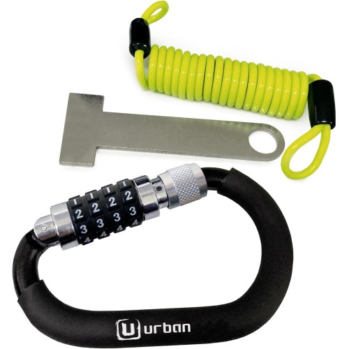 urban UR140 Motorcycle Helmet Lock, Padlock, Carabiner Hook Kit with Security Code, Anti-Theft Device + Flexible Steel Cable + Helmet Adapter, Motorcycle Helmet Lock