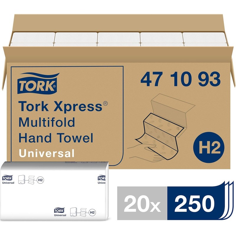 Tork Xpress multi fold hand towels, universal, white, for Tork H2 multi fold system, hand towels, 1 ply, 20 x 250 sheets., White