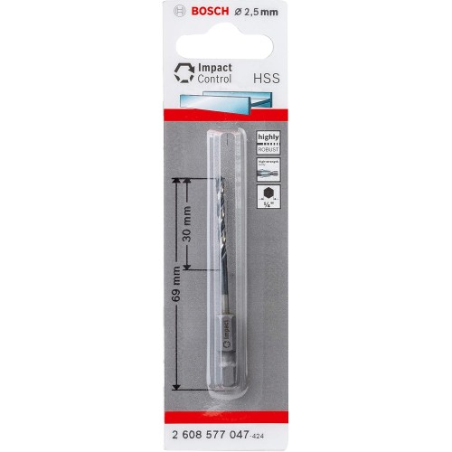Bosch Professional 1 x Impact Control HSS спирално свредло (за метал, 2,5 x 30 x 69 mm, аксесоари за ударни бормашини)