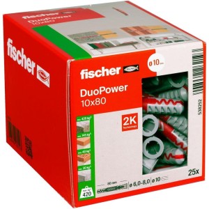 fischer DuoPower 10 x 80 Universal Dowels, Powerful 2-Component Dowels, Plastic Dowels for Mounting in Concrete, Bricks, Stone, Plasterboard and Much More, Without Screws, Pack of 25