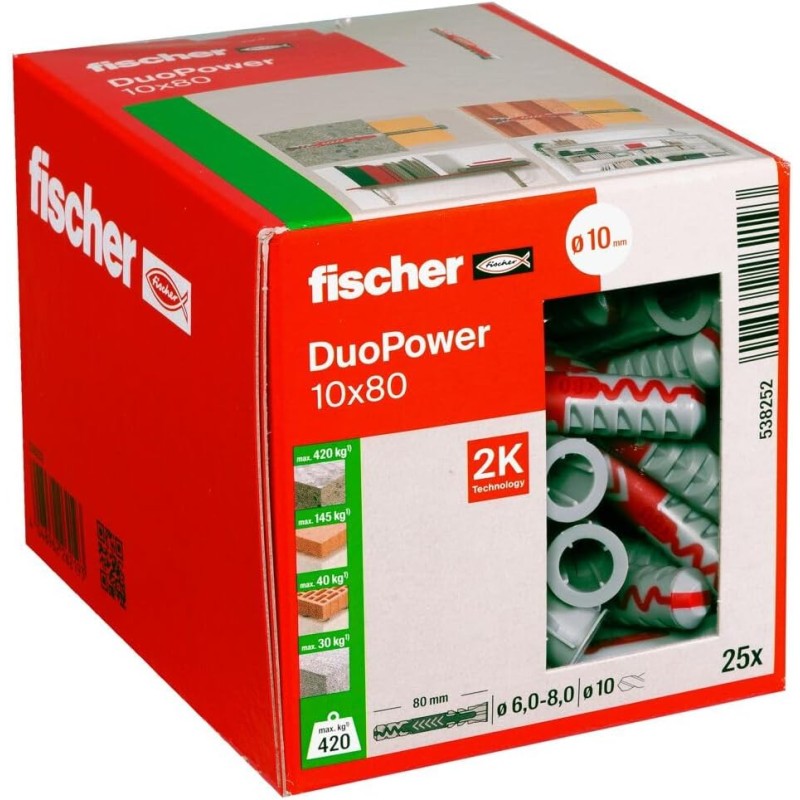 fischer DuoPower 10 x 80 Universal Dowels, Powerful 2-Component Dowels, Plastic Dowels for Mounting in Concrete, Bricks, Stone, Plasterboard and Much More, Without Screws, Pack of 25