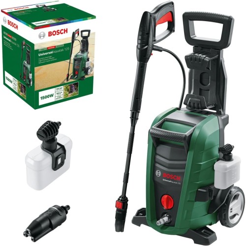 Bosch UniversalAquatak 125 Pressure Washer (3-in-1 Nozzle, Foam Nozzle, Transparent Water Filter, High Pressure Gun, 5 m Hose, 5 m Cable, 1500 Watt, Pressure: 125 bar maximum flow rate: 360 litres per hour.