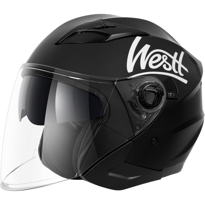 Westt Jet Motorcycle Helmet Matt Black Double Visor Helmet - Scooter - ECE Certified, S (55-56CM), matt black