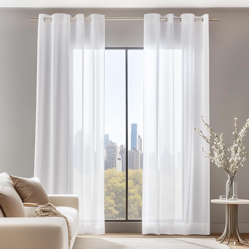 Deconovo Set of 2 Transparent Voile Eyelet Curtains, 229 x 140 cm, White