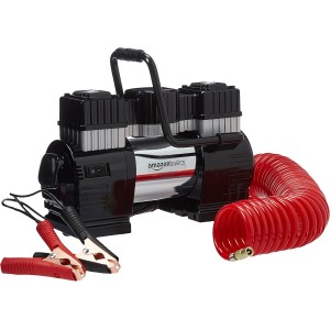 Amazon Basics 12V Black Red Digital Air Compressor with Carry Bag and 2 Battery Terminals