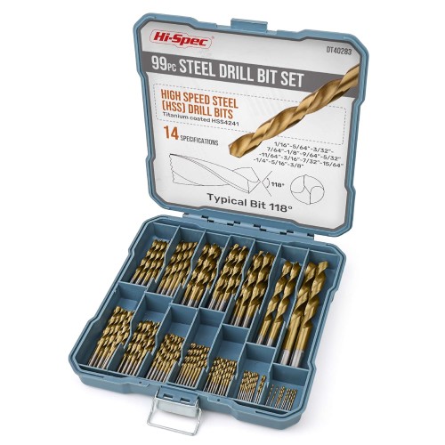 Hi-Spec 99-Piece Titanium-Coated HSS Steel Drill Bit Set in the Most Common Sizes (1 to 10 mm) for Wood, Metal and Plastic in a Sturdy Storage Case