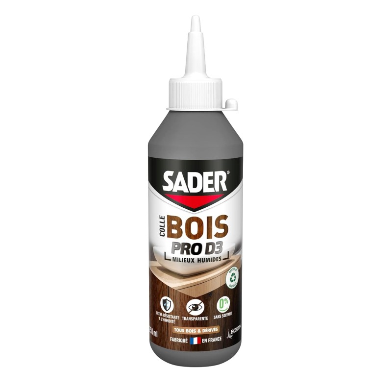 Sader Vinyl Wood Glue Pro D3 - Лепило за сглобяване на дърво и фурнир - Лепило D3 - За закрити вътрешни и външни дърводелски изделия - Лепило за мокро дърво - Прозрачно - Бутилка 250 г