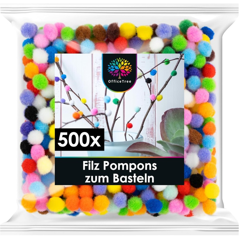 OfficeTree 500 Pompoms Colourful – Pompoms Craft Plush for Children and Adults – Felt Balls Colourful 10 mm – Decorate Sewing, DIY Party