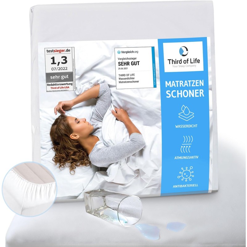 Third of Life Mattress Protector, 90 x 200 cm, Waterproof, Breathable, Incontinence Pad, Washable, Optimal Moisture Protection, Hygienic Anti-Dust Mite Cover, Mildew-Resistant Mattress Sheet