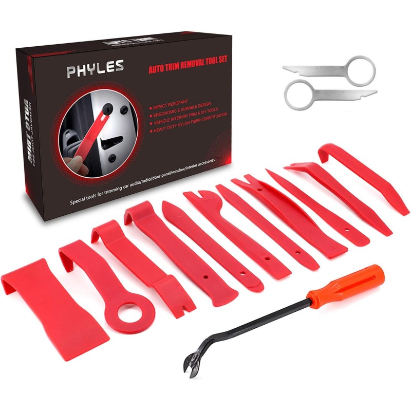 Phyles Car Trim Removal Tool Set, 14 Pieces, Automotive Repair, Universal Tools for Removing Car Door Trim and Panels, Red
