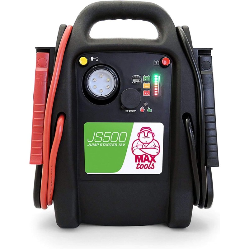 MAXTOOLS JS500 2200A 22Ah, стартер за акумулатори за леки автомобили и ванове, подходящ за 12 V дизелови и бензинови двигатели, с LED фенерче, USB порт и кабели за стартиране
