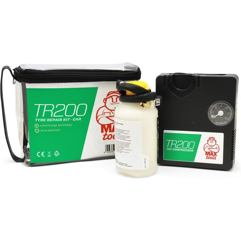 Maxtools TR200, Automatic Tyre Repair Kit for Mid-size Cars and Minivans, Repairs all Punctures, incl. Powerful 12-volt Air Compressor.