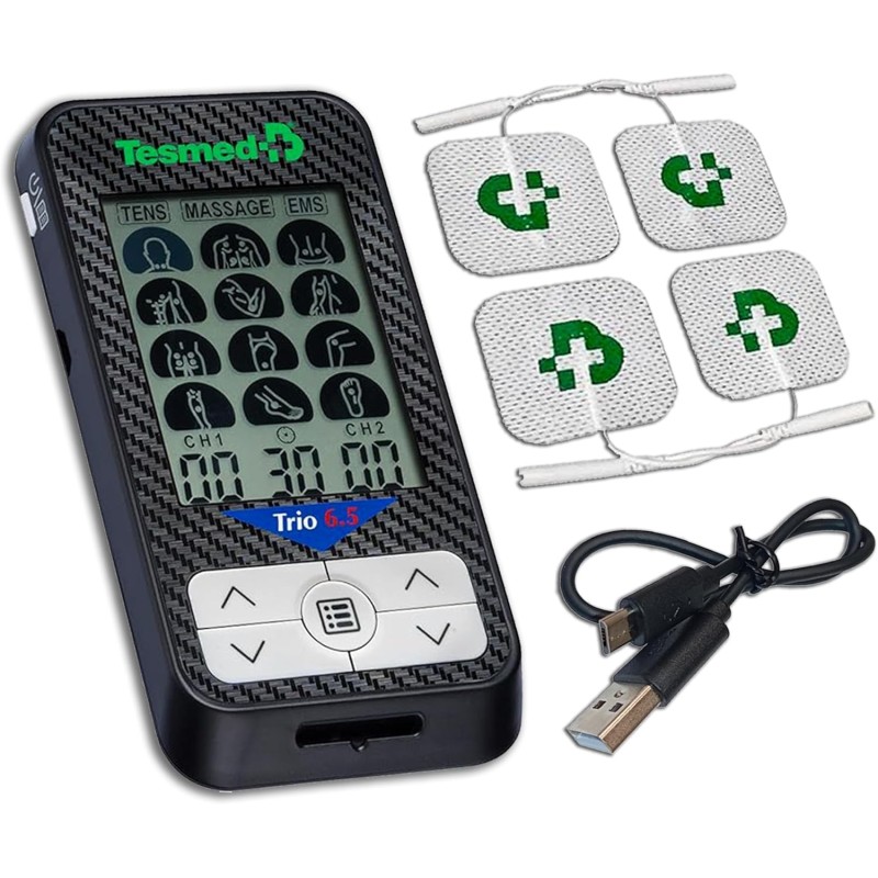 TESMED Trio 6.5: Rechargeable Muscle Electrostimulator via USB - 36 Programmes, 40 Intensity Levels, 4 Electrodes - EMS, TENS and Massage - Ideal for Fitness and Pain Therapy