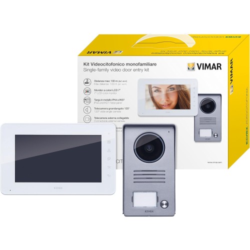VIMAR K40910 Video Call Kit Includes Hands-Free Video House Telephone LCD 7 Inch, 1 Button Bell Tray with Rain Cover, Power Supply with Interchangeable Plugs EU BS US AU, 1 Family