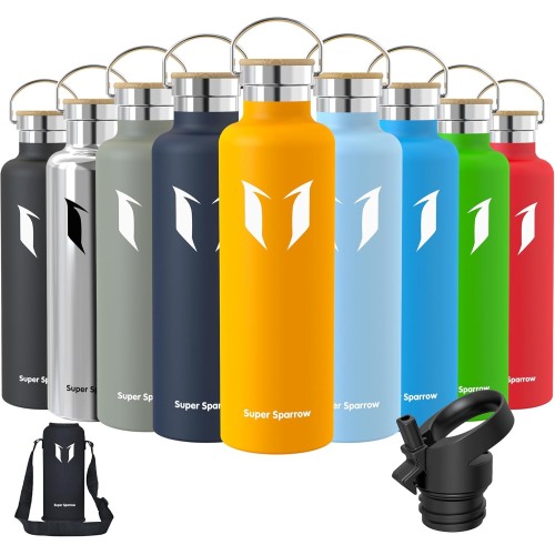 Super Sparrow Stainless Steel Water Bottle, 350 ml, 500 ml, 620 ml, 750 ml, 1 L, Leak-Proof Thermos Flask, BPA-Free Water Bottle, Carbonated Thermos Flask for Children, Fizz, Sports, University,