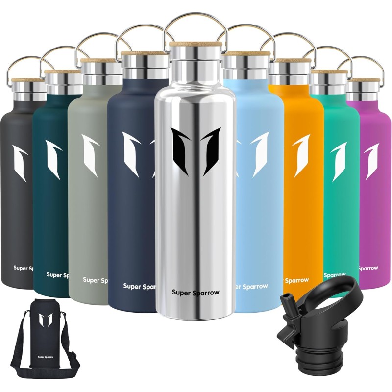 Super Sparrow Stainless Steel Water Bottle, 350 ml, 500 ml, 620 ml, 750 ml, 1 L, Leak-Proof Thermos Flask, BPA-Free Water Bottle, Carbonated Thermos Flask for Children, Fizz, Sports, University,