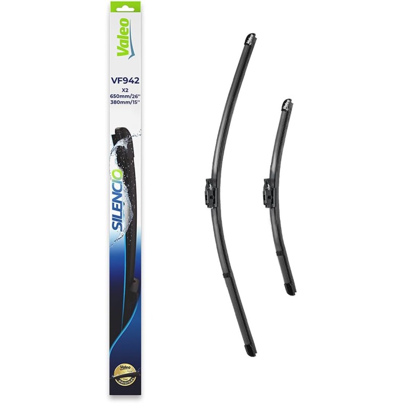 VALEO Silencio Wiper - VF942 - Powerful, Excellent Road View, Easy Installation - Original Flat Blades 650 mm/380 mm - Front - Set of 2 Wiper Blades - 577942