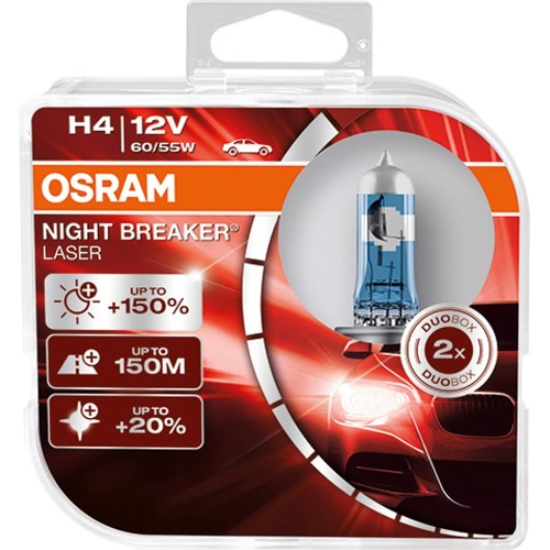 Osram Night Breaker Laser H4 next generation, + 150% more brightness, halogen headlight lamp, 64193NL-HCB, 12V car, duo box (2 lamps) (packaging may vary)