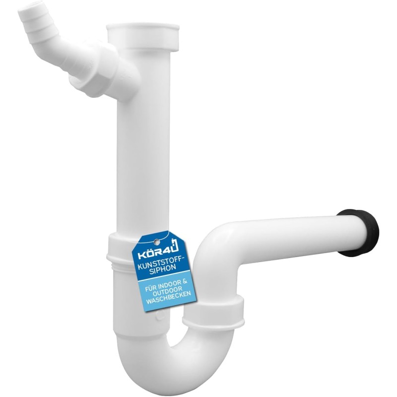 kör4u Plastic Siphon, 1 1/2 Inch x 40/50 mm, Pipe Odour Trap for Sink with Machine Connection, Rubber Sleeve, Drain Pipe