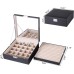 BEWISHOME Ring Organizer and Earring Box Holder - 11 Ring Slots, 25 Earring Compartments, Large Mirror, 2 Tiers - Jewellery Box, Cufflinks, Men, Black Faux Leather ESSH21B