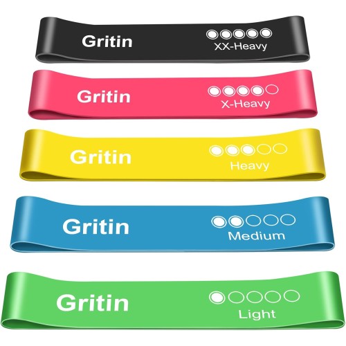 Gritin Fitness Bands [Set of 5] Resistance Bands with 5 Levels, 100% Latex Fitness Band Resistance with German Exercise Instructions and Carry Bag, Gymnastics Band for Muscle Building, Yoga