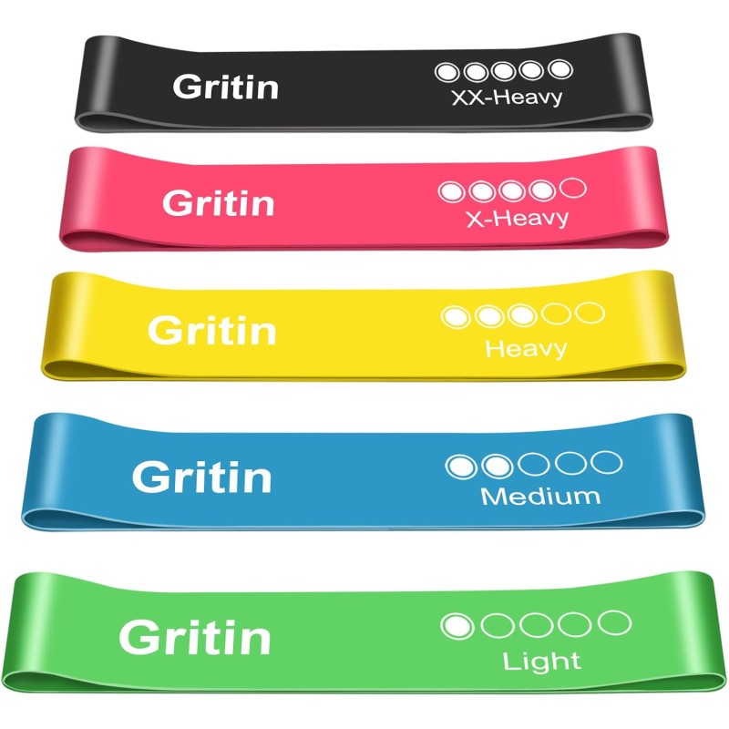 Gritin Fitness Bands [Set of 5] Resistance Bands with 5 Levels, 100% Latex Fitness Band Resistance with German Exercise Instructions and Carry Bag, Gymnastics Band for Muscle Building, Yoga