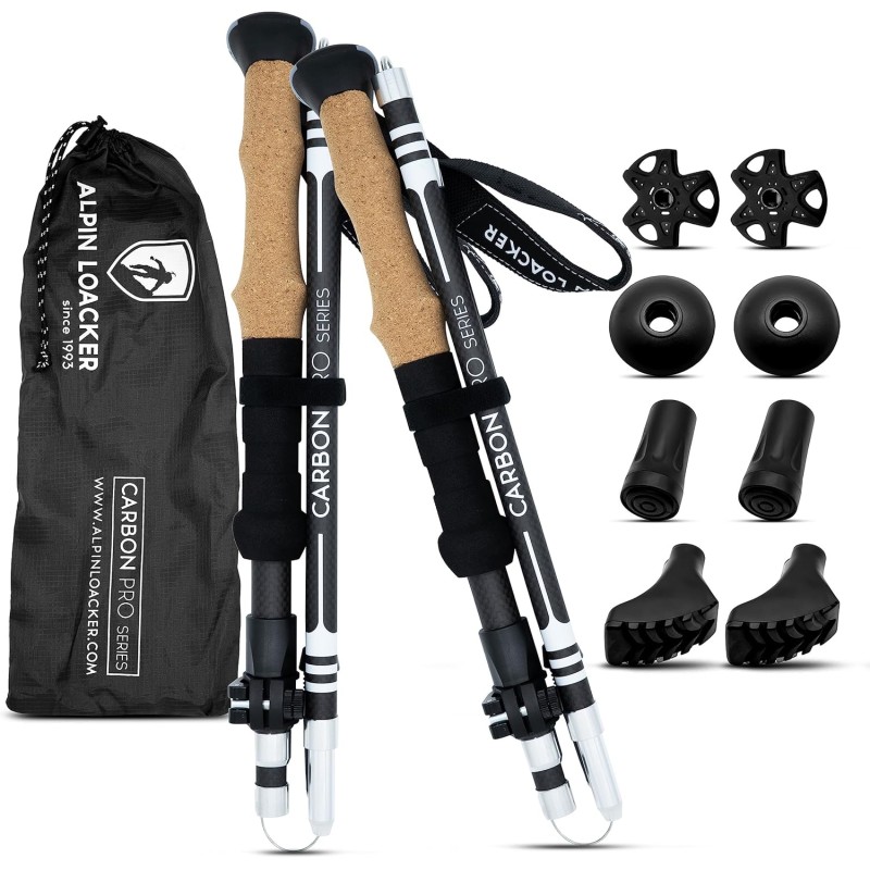 Alpin Loacker PRO Series Hiking Poles, регулируеми сгъваеми телескопични щеки с коркова дръжка, включващи аксесоари, изработени от здрав карбонов материал